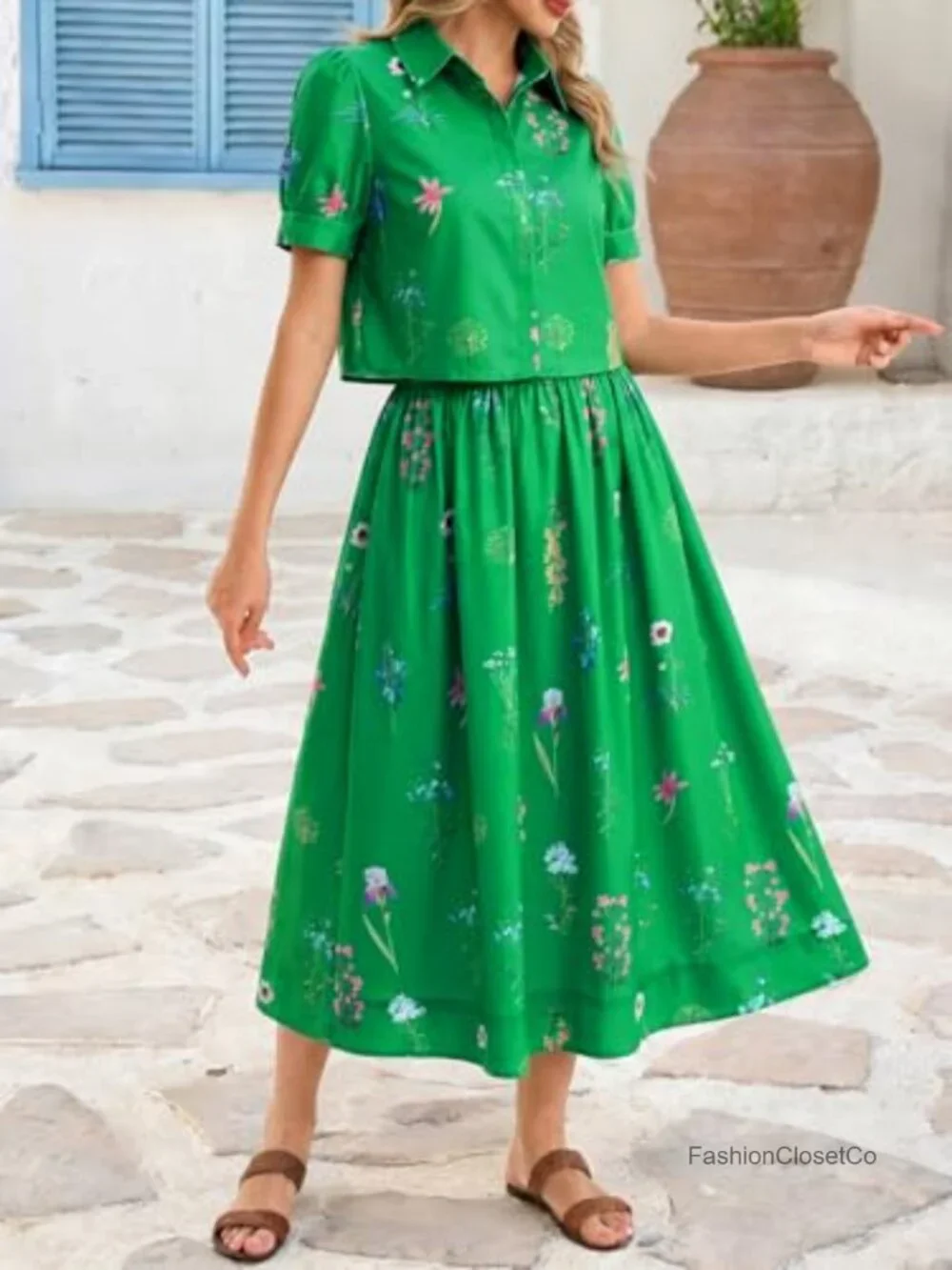 Women's 2 Piece Floral Skirt Set Puff Sleeve Blouse Elastic Waist Matching Set